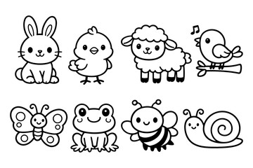 Cute black and white animal outlines: bunny, chick, sheep, bird, and more