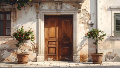 Weathered, aged facade with a central wooden door, flanked by potted flowering trees. Sunlight casts shadows