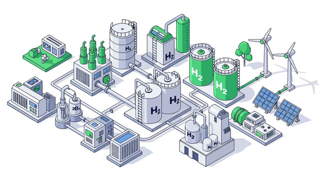A comprehensive illustration of a green hydrogen production facility, showcasing renewable energy sources and storage infrastructure.
