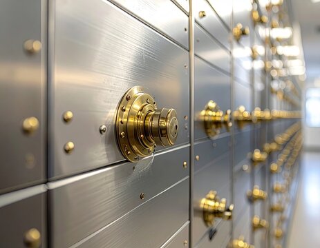 Close-up of brushed-metal safe deposit boxes with brass dials