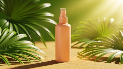 Orange Sunscreen Spray Bottle Mockup on Tropical Sand with Palms