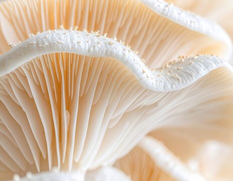 Close-up of delicate, layered mushroom gills and caps