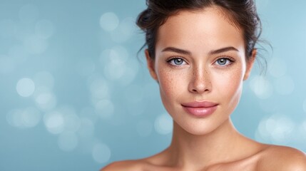 Naklejka premium Beautiful woman with freckles and blue eyes smiles at the camera
