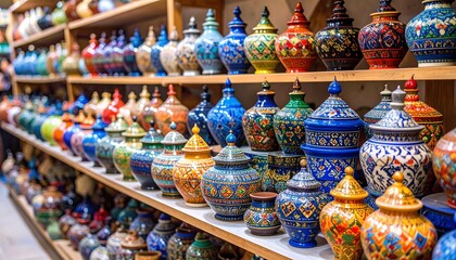 Colorful Ceramic Pottery Displayed on Shelves in a Traditional Market.