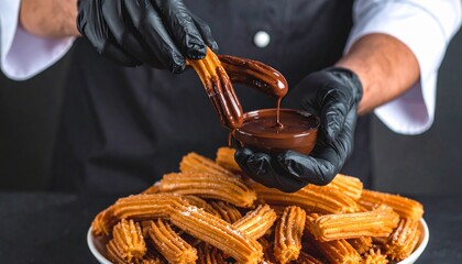 Chef Drizzling Chocolate Sauce Over Delicious Churros Dessert.