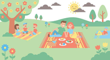 Naklejka premium Happy family enjoying summer picnic in green park with parents sitting on blanket eating food and children playing under tree during sunny day for outdoor leisure.