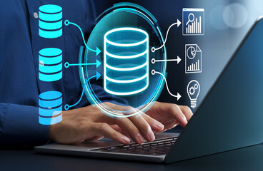 Data warehouse. Integrated database for business data analysis. Businessman leveraging business intelligence on laptop computer.