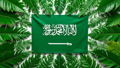 Saudi Arabian Flag Surrounded by Green Leaves, Symbolic of National Pride.