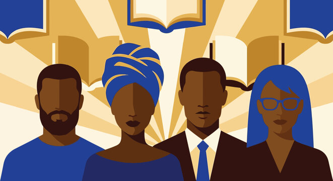 Group of African American men and women with open books and sun rays for education learning black history month celebration and academic knowledge leadership. - Powered by Adobe