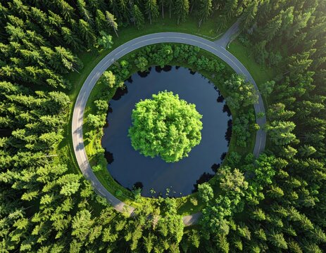 Aerial view Tree in lake, road circles, surrounded by forest