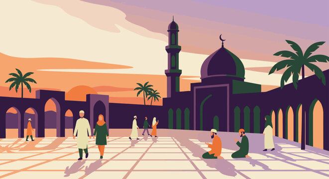 Diverse Muslim people walking and praying in mosque courtyard at sunset with palm trees and traditional architecture for Islamic religious holy month celebration.