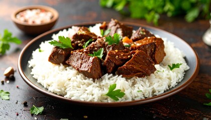 Delicious Beef Stew Served Over Fluffy White Rice with Fresh Parsley.