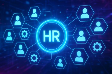 Human resources digital interface concept showing HR icon with connected user and gear symbols in glowing hexagons on dark futuristic background. Ai generative