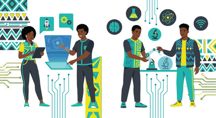 African American scientists working on futuristic stem technology with robotics and digital holograms for innovation research and engineering development success.