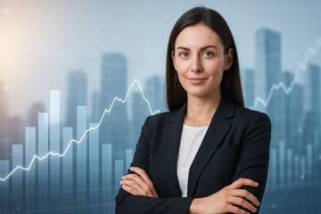 Confident businesswoman in formal suit standing with arms crossed in front of financial charts and upward graph, symbolizing growth and success concept. Ai generative