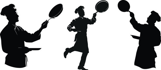 Chefs in silhouette juggling frying pans in a playful scene vector illustration