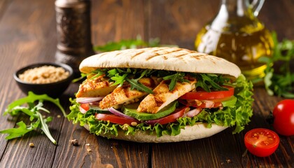Delicious Grilled Chicken Sandwich with Fresh Vegetables on Wooden Table.