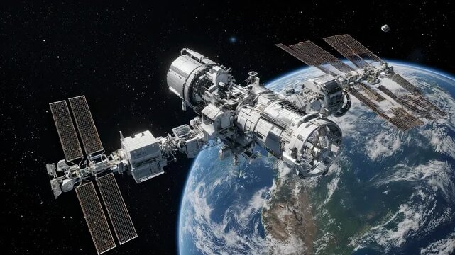Space Station orbiting Earth with solar panels and modules in outer space