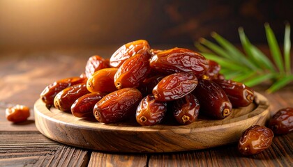Delicious Pile of Fresh Dates on a Wooden Plate, Close-Up.