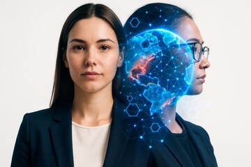 Businesswomen with digital globe interface showing global network concept on white background, illustrating innovation and tech integration in business. Ai generative