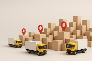 Delivery trucks with yellow cabs near cardboard boxes and red location pins on beige background illustrating logistics and distribution concept. Ai generative