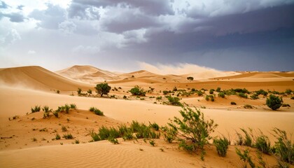 Dramatic Desert Landscape Under a Stormy Sky with Sand Dunes and Sparse Vegetation.