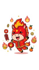 Naklejka premium A cartoon horse in red costume running with lanterns and firecrackers around it, celebrating a festive occasion