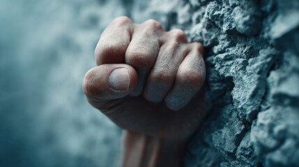 Close-up of a hand gripping a rock face, symbolizing challenge and determination