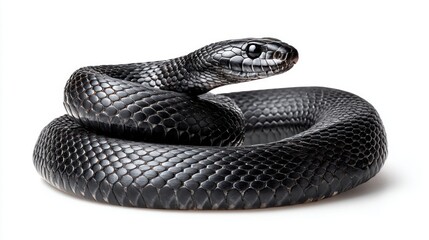 Fototapeta premium Striking studio shot of a coiled black snake against a clean white background