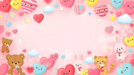 Cute cartoon animals and hearts on pink background