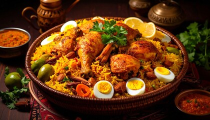 Delicious Chicken Biryani Dish with Boiled Eggs and Garnishes.