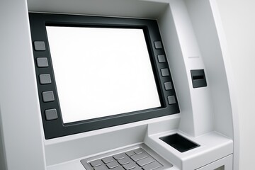 Close-up of modern ATM machine with blank screen and keypad on clean background illustrating banking technology and finance concept. Ai generative