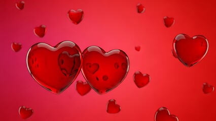 Couple of red hearts floating on red background