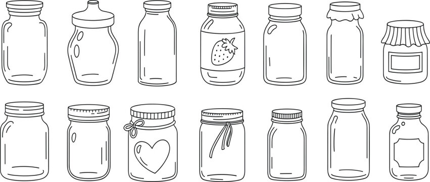 Glass jars hand drawn doodle vector set, mason jar, honey pot, jam bottle, and containers for kitchen storage