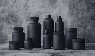 Naklejka premium Minimalist packaging design concept featuring sleek matte black bottles and jars, arranged neatly on a textured surface