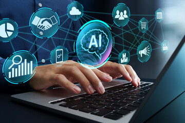 AI integration for business data analysis. Intelligent automation and decision support solutions. Businessman using AI agent system on laptop computer.