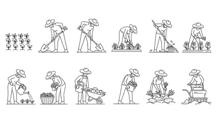 Farmer Gardening Activities Line Art Illustrations