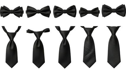 Obraz premium Collection of black bow ties and neckties on white background isolated on transparent background