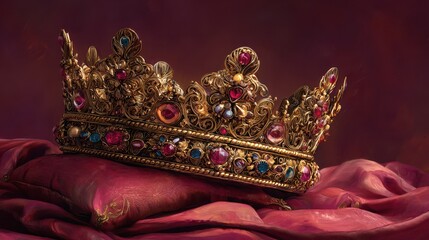 Royal regalia: gilded crown atop a jeweled pillow on a crimson backdrop, symbolic monarchy illustration with left space for copy
