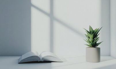Minimalist white table setup with an open book and a potted succulent, bright diffused lighting, clean modern decor, peaceful and cozy atmosphere, sharp detail,