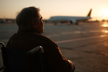 Senior Man in Wheelchair Watching Airplane Takeoff at Sunset on Airport Tarmac