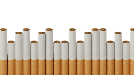Cigarettes in row formation with filter tips in studio shot on white background for anti-smoking campaign
