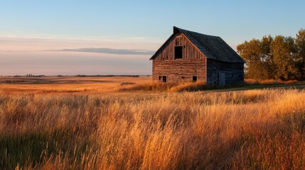 Rustic barn standing in a vast rural field with warm amber light