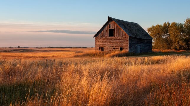 Rustic barn standing in a vast rural field with warm amber light