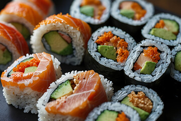 Fresh sushi rolls with vibrant fish and rice texture