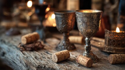 Rustic medieval goblets with scattered corks on a weathered wooden table under warm candlelight