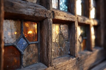 Obraz premium Rustic window detail showing traditional leaded glass and warm light