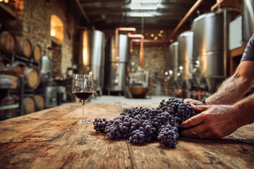 Rustic winery scene showing the winemaking process with grapes, barrels, and warm light