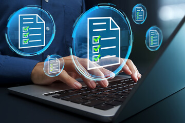 Legal document management. Document control and secure storage.  Business document archiving and retrieval system. Audit trail and records management compliance. Businessperson using laptop computer.