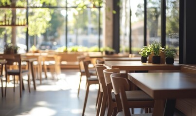 Fototapeta premium Modern dining area with sleek wooden furniture, potted plants, and bright daylight streaming through large windows, creating a clean and fresh atmosphere, perfect for home design,